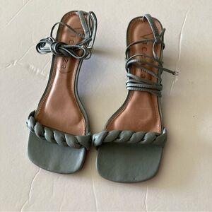 NWOB Vicenza Anthropologie Lace Up Square Toe Heels Green Leather Sz 6/37